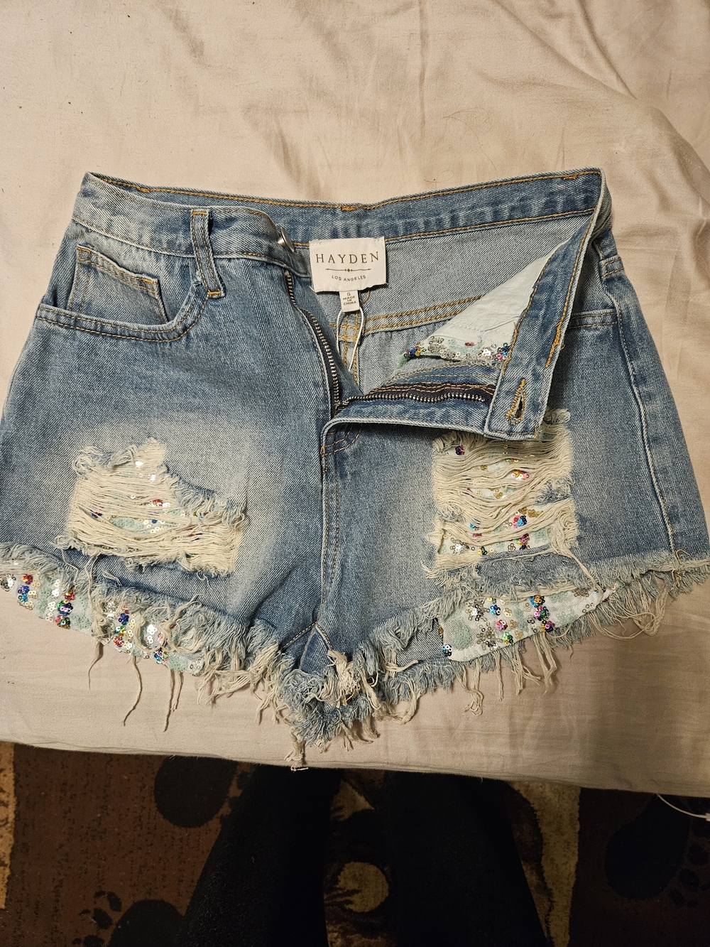 Hayden Light Blue Distressed Denim Shorts with Sequin Embellishment